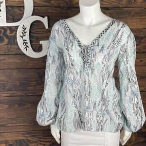 Zadig & Voltaire | Abstract Zebra Feather Print Peasant Blouse Grommet Tie Front